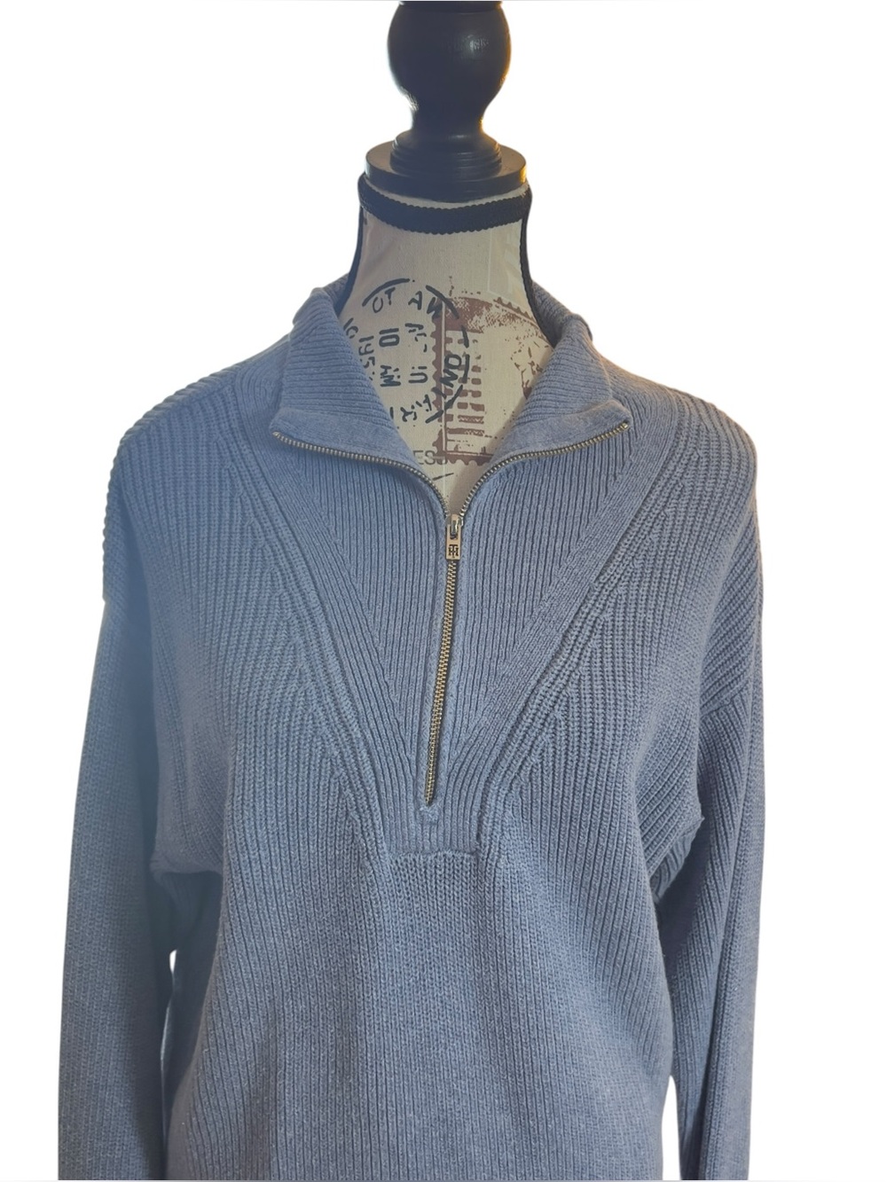 Tommy Hilfiger Womens Large Periwinkle Blue Half Zip Knit Mock Neck Sweater